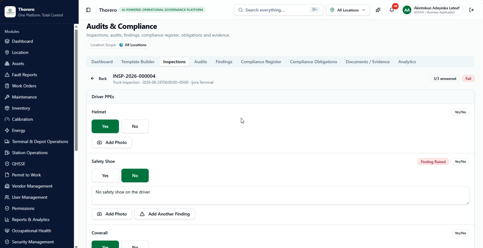 Thorero Audits and Compliance inspection checklist with findings raised