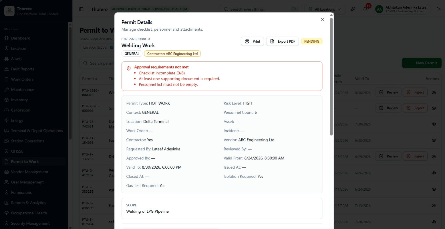Thorero Permit to Work permit details with approval requirement checks